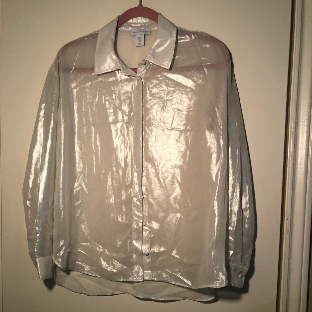 HOUSE OF HARLOW 1960 Women X-Small White Metallic Long Sleeve Collar Top